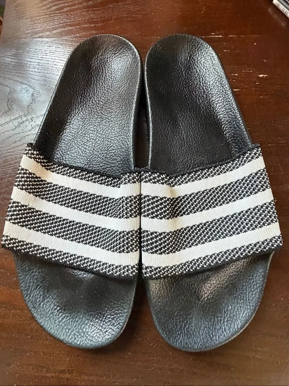Adidas Men’s Woven Fabric Strap Slides – Black/White – Size 9